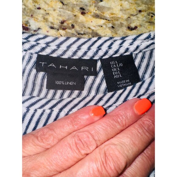 Tahari Nautical Sustainable 100% Linen Striped Button-Back Blouse Travel Casual - Picture 6 of 7